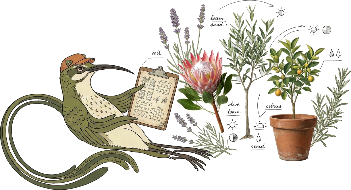 Editorial illustration of a Plant Concierge consultation: a person reviewing plant selections on a tablet surrounded by botanical specimens, herbarium notes, proteas, olive branches and potted plants.