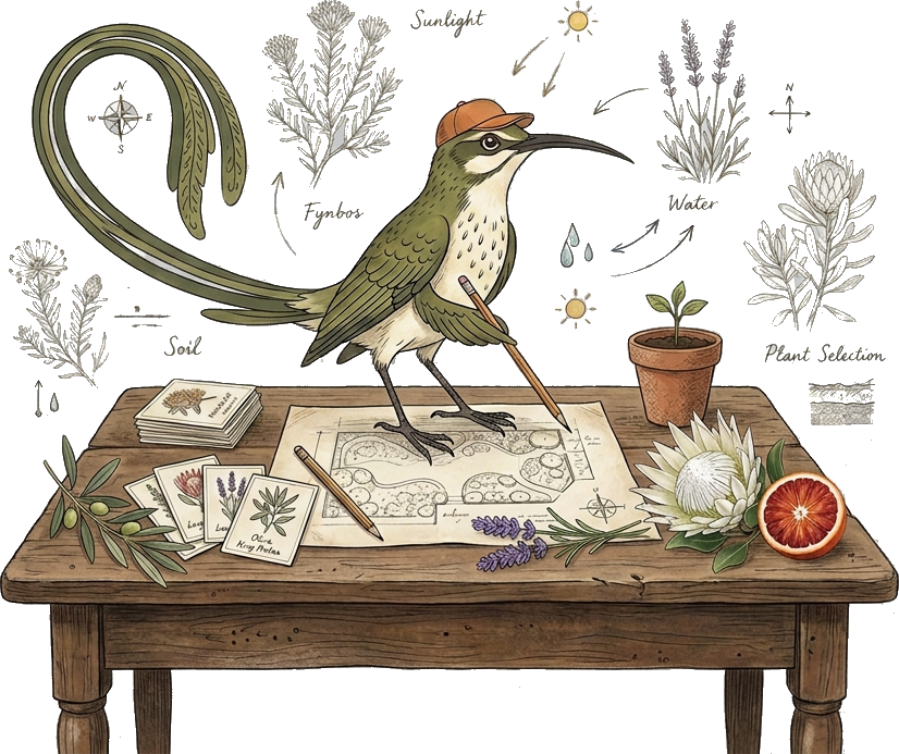 Botanical illustration of the Groen sunbird reviewing a planting plan beside a protea, lavender, olive tree, potted citrus and rosemary.