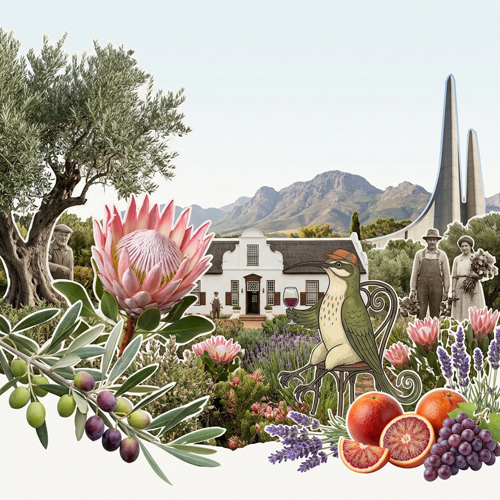 Groen garden landscape with proteas, olives, Cape Dutch architecture and Pikkie.